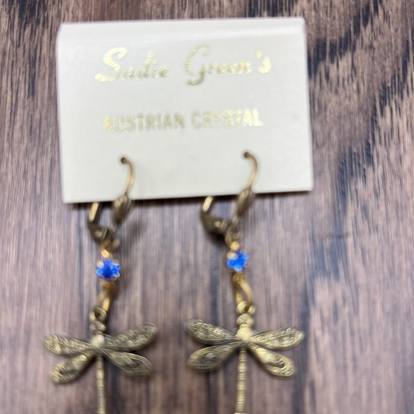 Blue Austrian Crystal Dragonfly Earrings. Brass Findings Dangling Earrings Blue - Picture 8 of 11